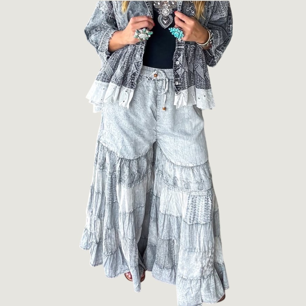 NWT YOUNG THREADS 3X Tiered Boho Wide-Leg Palazzo Pant, Gray